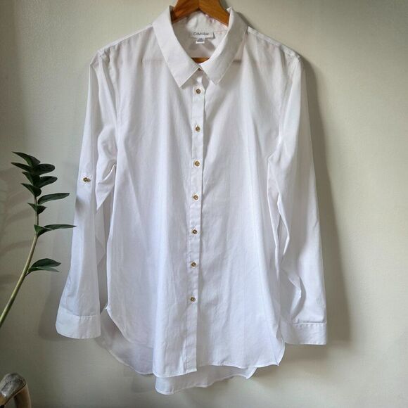 EUC CALVIN KLEIN WHITE WITH GOLD BUTTONS BUTTON DOWN SHIRT SIZE LARGE WOMEN - Picture 2 of 13